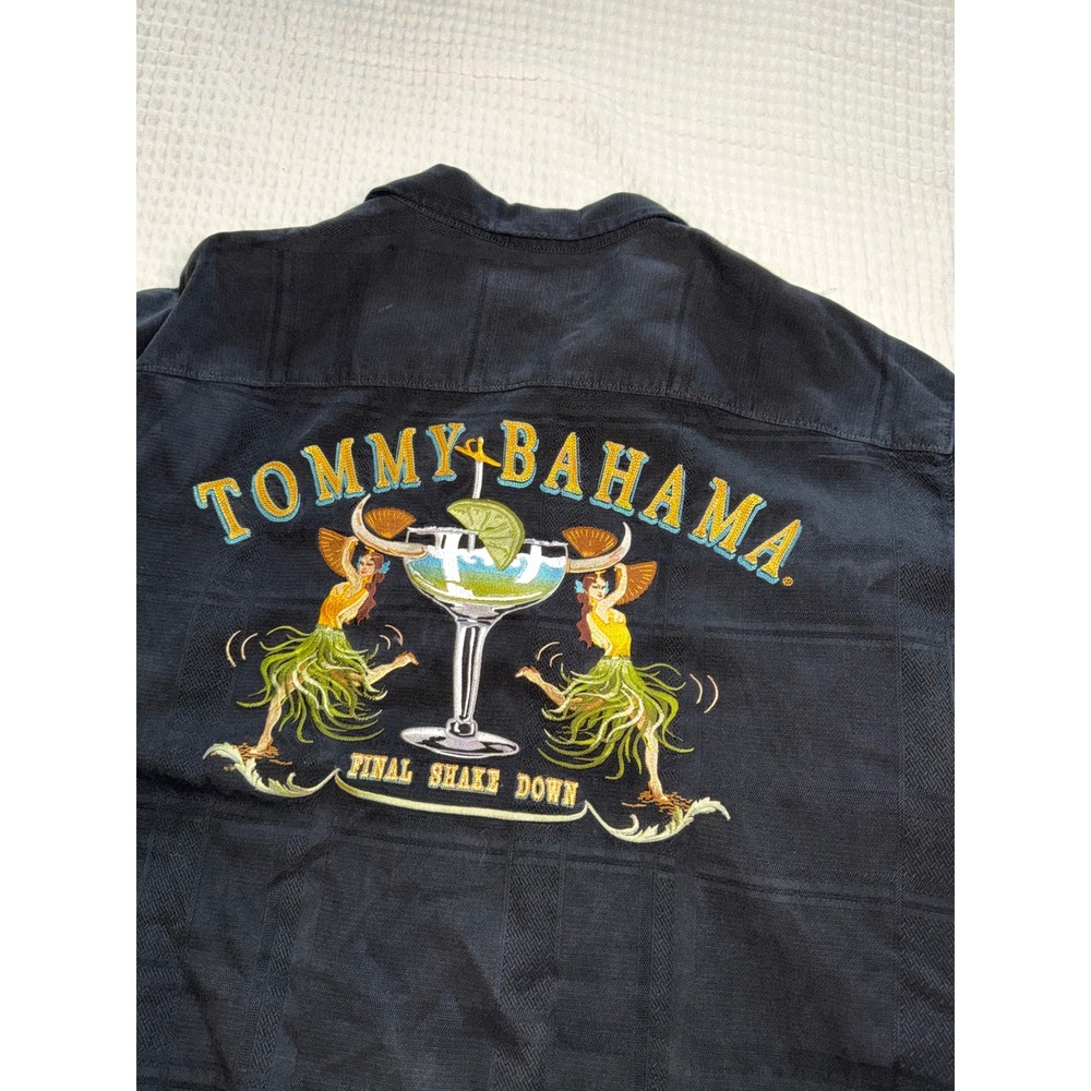 Tommy Bahama Camp Shirt Mens XL Black Silk Final Shake Down Embroidered Hula